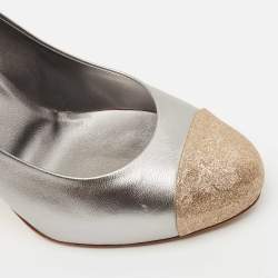 Pre Owned Chanel Silver/Gold Leather and Glitter Cap Toe CC Pumps Size 40.5