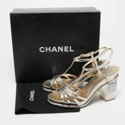 Pre Owned Chanel Metallic Gold Leather T Strap Block Heel Sandals Size 40