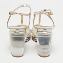 Pre Owned Chanel Metallic Gold Leather T Strap Block Heel Sandals Size 40