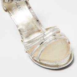 Pre Owned Chanel Metallic Gold Leather T Strap Block Heel Sandals Size 40