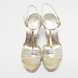 Pre Owned Chanel Metallic Gold Leather T Strap Block Heel Sandals Size 40