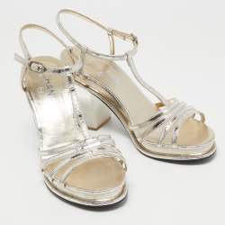 Pre Owned Chanel Metallic Gold Leather T Strap Block Heel Sandals Size 40