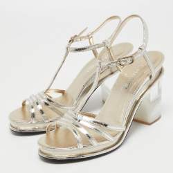 Pre Owned Chanel Metallic Gold Leather T Strap Block Heel Sandals Size 40
