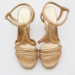 Chanel Metallic Gold Leather Parthenon Grecian Column Platform Sandals Size 38.5