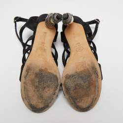 Pre Owned Chanel Black Satin Snake Pearl Heel Ankle Strap Sandals Size 38
