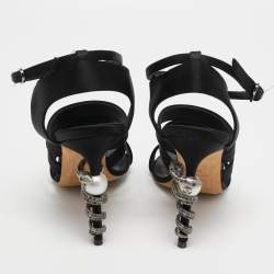 Pre Owned Chanel Black Satin Snake Pearl Heel Ankle Strap Sandals Size 38