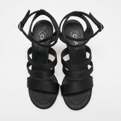 Pre Owned Chanel Black Satin Snake Pearl Heel Ankle Strap Sandals Size 38