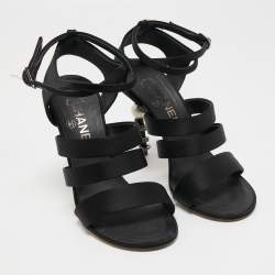 Pre Owned Chanel Black Satin Snake Pearl Heel Ankle Strap Sandals Size 38