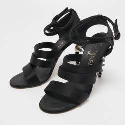 Pre Owned Chanel Black Satin Snake Pearl Heel Ankle Strap Sandals Size 38