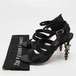 Pre Owned Chanel Black Satin Snake Pearl Heel Ankle Strap Sandals Size 38