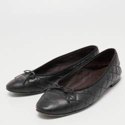 Chanel Black Quilted Leather CC Bow Ballet Flats Size 40