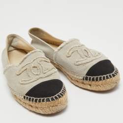 Chanel Beige/Black Canvas CC Espadrilles Flats Size 39