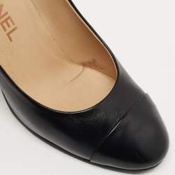 Chanel Black Leather Cap Toe CC Block Heel Pumps Size 36