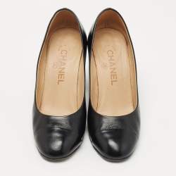 Chanel Black Leather Cap Toe CC Block Heel Pumps Size 36
