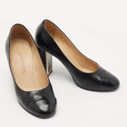 Chanel Black Leather Cap Toe CC Block Heel Pumps Size 36