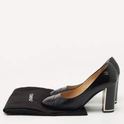 Chanel Black Leather Cap Toe CC Block Heel Pumps Size 36