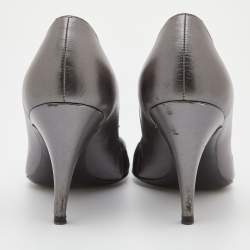 Pre Owned Chanel Metallic Grey/Black Leather and Satin Bow CC Cap Toe Pumps Size 36