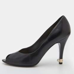 Pre Owned Chanel Black Leather Peep Toe CC Pearl Heel Pumps Size 38.5
