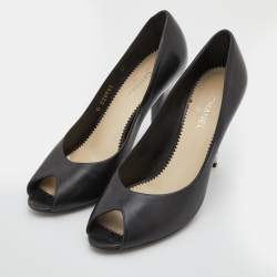 Pre Owned Chanel Black Leather Peep Toe CC Pearl Heel Pumps Size 38.5