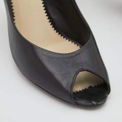 Pre Owned Chanel Black Leather Peep Toe CC Pearl Heel Pumps Size 38.5
