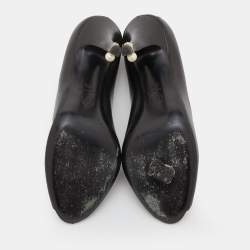 Pre Owned Chanel Black Leather Peep Toe CC Pearl Heel Pumps Size 38.5