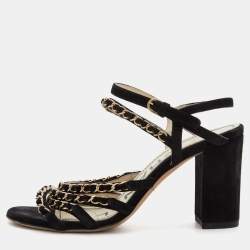 Pre Owned Chanel Black Suede Chain Detail Ankle Strap Sandals Size 36.5
