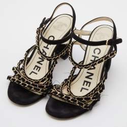 Pre Owned Chanel Black Suede Chain Detail Ankle Strap Sandals Size 36.5