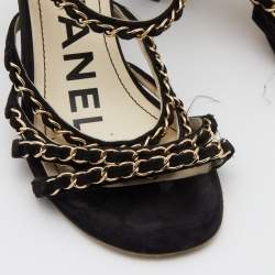 Pre Owned Chanel Black Suede Chain Detail Ankle Strap Sandals Size 36.5