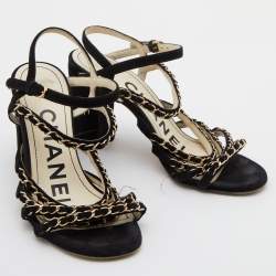 Pre Owned Chanel Black Suede Chain Detail Ankle Strap Sandals Size 36.5