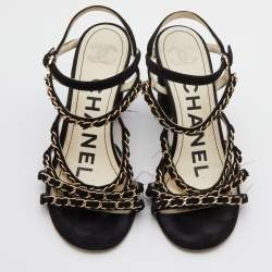 Pre Owned Chanel Black Suede Chain Detail Ankle Strap Sandals Size 36.5