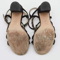 Pre Owned Chanel Black Suede Chain Detail Ankle Strap Sandals Size 36.5