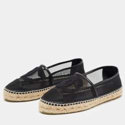 Chanel Black Mesh and Leather CC Cap Toe Espadrille Flats Size 36