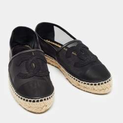 Chanel Black Mesh and Leather CC Cap Toe Espadrille Flats Size 36
