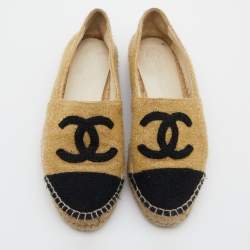 Chanel Yellow/Black Metallic Fabric CC Cap Toe Espadrilles Flats Size 37