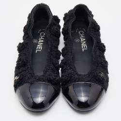 Pre Owned Chanel Black Patent Leather and Crochet Camellia CC Cap Toe Ballet Flats Size 36.5