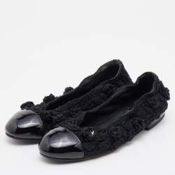 Chanel Black Patent Leather and Crochet Camellia CC Cap Toe Ballet Flats  Size 36.5 Chanel