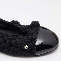 Pre Owned Chanel Black Patent Leather and Crochet Camellia CC Cap Toe Ballet Flats Size 36.5