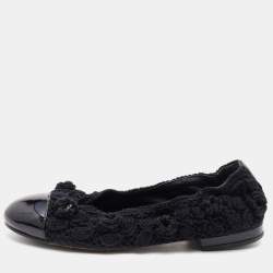 Pre Owned Chanel Black Patent Leather and Crochet Camellia CC Cap Toe Ballet Flats Size 36.5