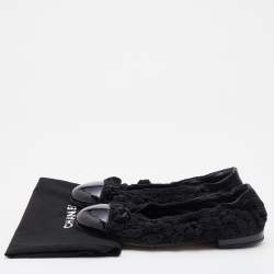 Pre Owned Chanel Black Patent Leather and Crochet Camellia CC Cap Toe Ballet Flats Size 36.5