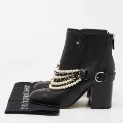 Pre Owned Chanel Black Leather Pearl Crystal Embellished CC Logo Ankle Boots Size 39
