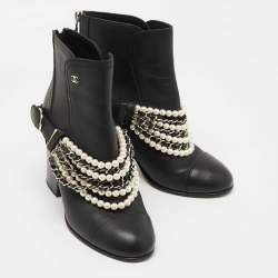 Pre Owned Chanel Black Leather Pearl Crystal Embellished CC Logo Ankle Boots Size 39