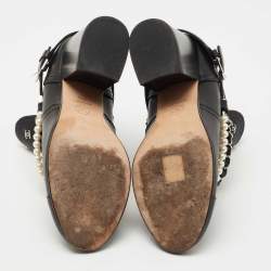 Pre Owned Chanel Black Leather Pearl Crystal Embellished CC Logo Ankle Boots Size 39