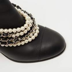 Pre Owned Chanel Black Leather Pearl Crystal Embellished CC Logo Ankle Boots Size 39