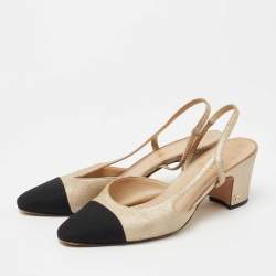 Chanel Beige/Black Leather and Fabric Cap Toe CC Slingback Pumps