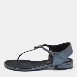 Chanel Dark Blue Leather CC Flat Thong Sandals Size 38 Chanel