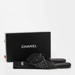 Chanel Black/Green Tweed and Fabric CC Camelia Flat Mules Size 38.5