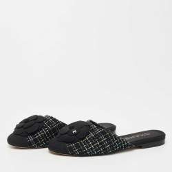 Chanel Black/Green Tweed and Fabric CC Camelia Flat Mules Size 38.5
