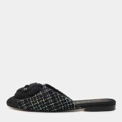 Chanel Black/Green Tweed and Fabric CC Camelia Flat Mules Size 38.5