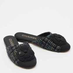 Chanel Black/Green Tweed and Fabric CC Camelia Flat Mules Size 38.5