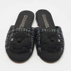 Chanel Black/Green Tweed and Fabric CC Camelia Flat Mules Size 38.5